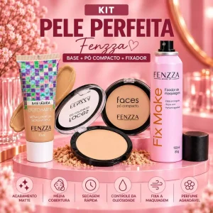 Kit Maquiagem Fenzza Base Líquida + Pó Compacto + Fixador Fix Make