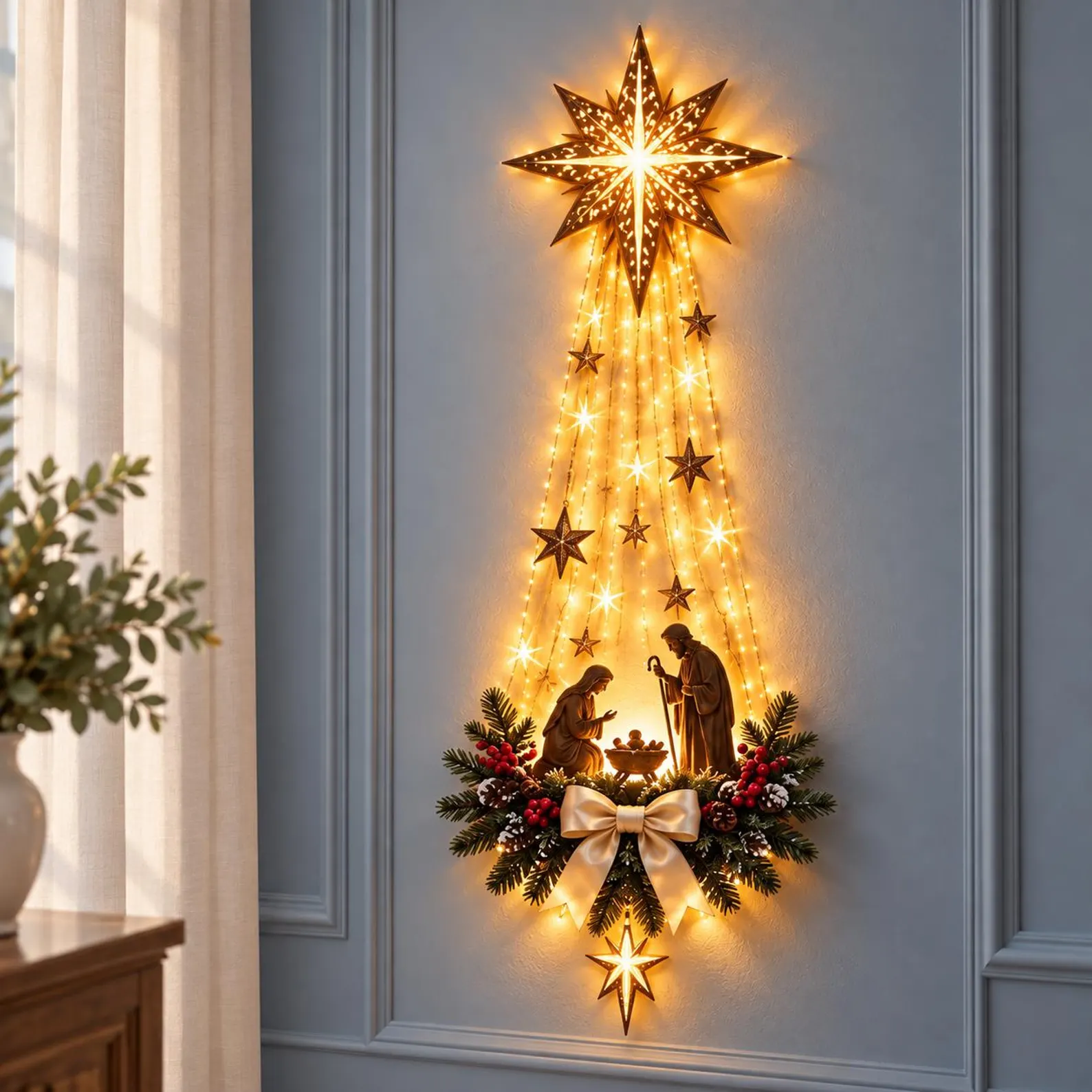 Decoração de Natal de parede iluminada, anjo e igreja ou cena da Natividade, estrela de Belém em LED para pendurar, decoração religiosa de Natal, presente cristão - Imagem 3