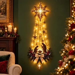 Decoração de Natal de parede iluminada, anjo e igreja ou cena da Natividade, estrela de Belém em LED para pendurar, decoração religiosa de Natal, presente cristão