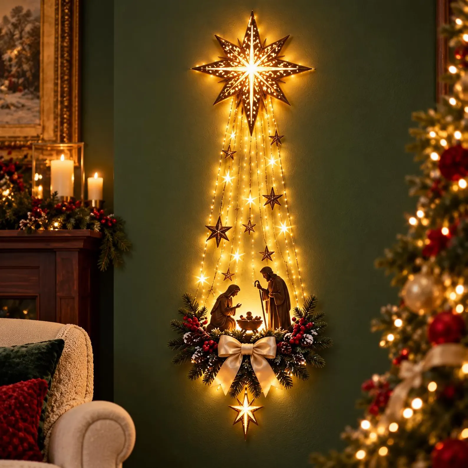 Decoração de Natal de parede iluminada, anjo e igreja ou cena da Natividade, estrela de Belém em LED para pendurar, decoração religiosa de Natal, presente cristão