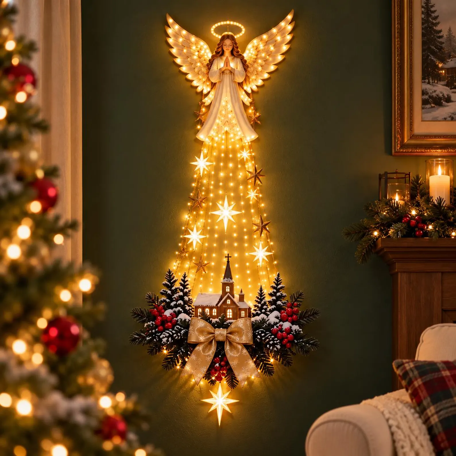 Decoração de Natal de parede iluminada, anjo e igreja ou cena da Natividade, estrela de Belém em LED para pendurar, decoração religiosa de Natal, presente cristão - Imagem 2